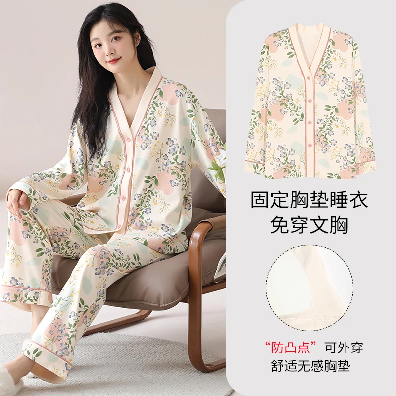 四棉【胸垫款】家居服套装女士睡衣带胸垫套装棉质休闲韩版家居服05