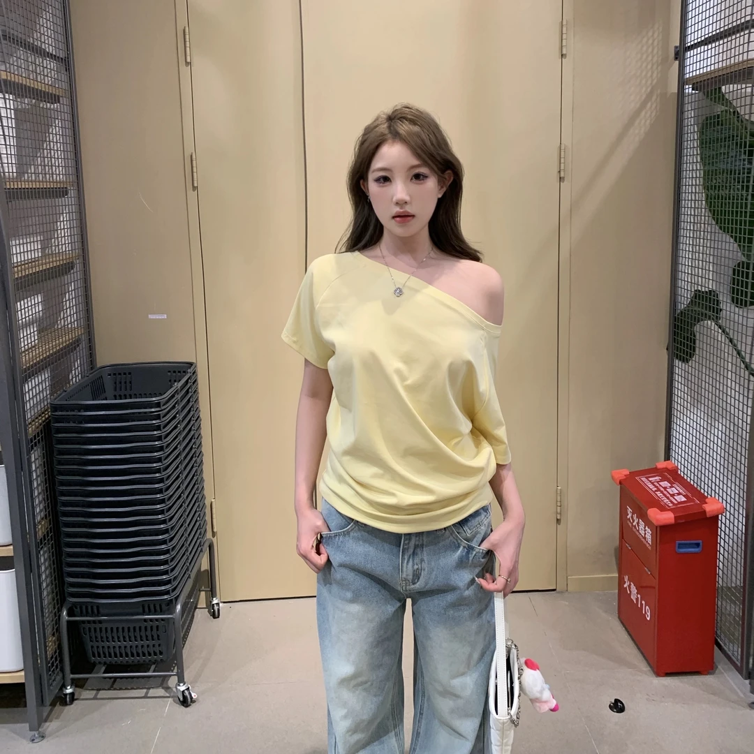 潮酷甜辣性感一字肩露肩短袖t恤女夏季慵懒纯欲斜领宽松显瘦上衣
