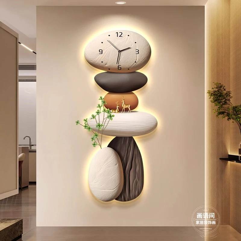 石来运转入户玄关装饰画带钟表发光灯画走廊尽头电视墙好寓意挂画