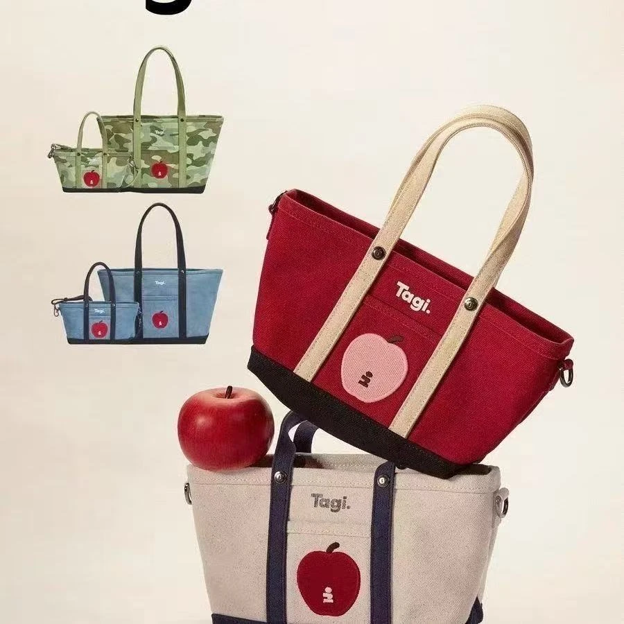 想象苹果拼色通勤复古单肩包帆布托特手提斜挎包大容量高颜值旅行