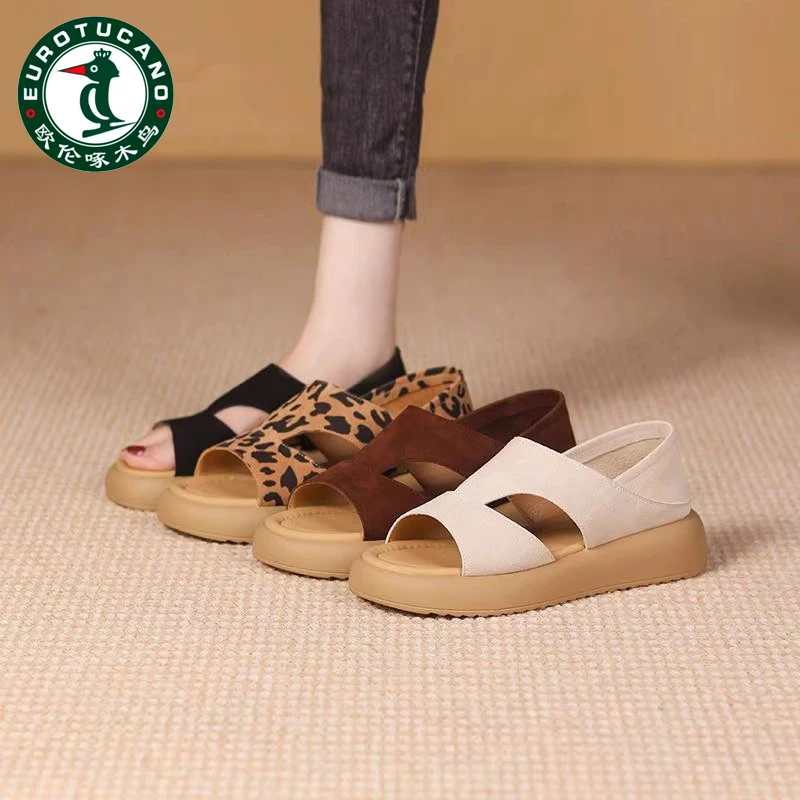 欧伦啄木鸟夏季2025露趾真皮凉鞋舒适时尚复古百搭平底防滑休闲鞋