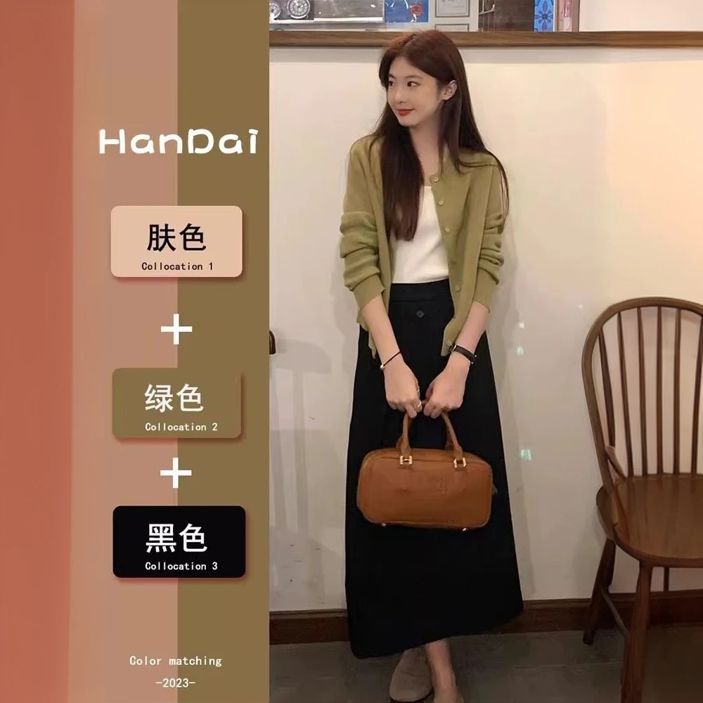 春季装搭配一整套茶系穿搭小香风内搭针织开衫半身裙全套三件套潮