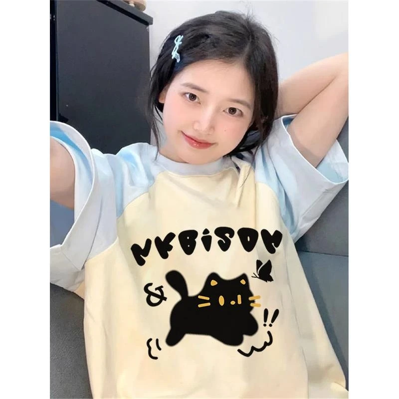 美式拼接纯棉特大码胖妹妹短袖T恤女插肩袖可爱猫咪夏季复古半袖