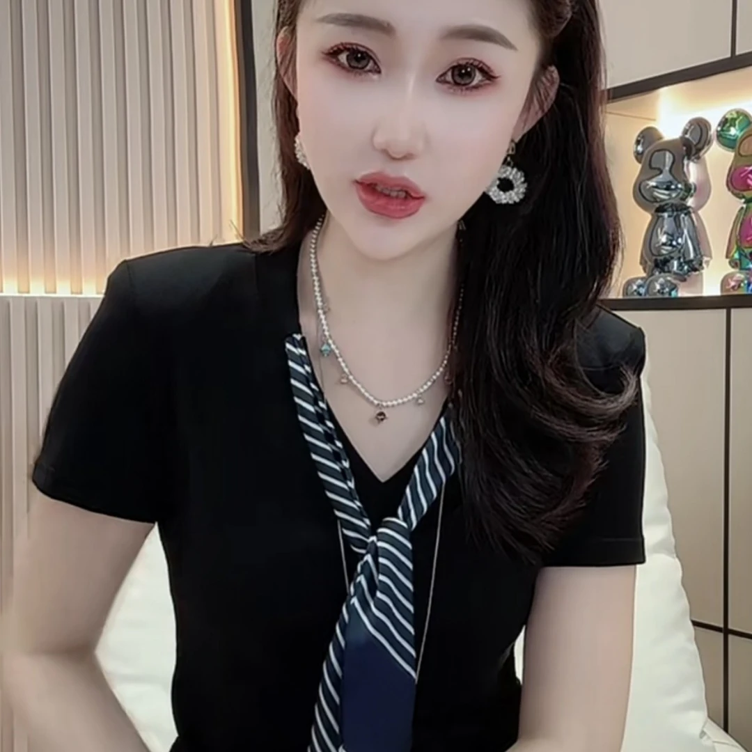 法式设计感条纹领带撞色气质短袖T恤女2025夏季新款百搭显瘦上衣