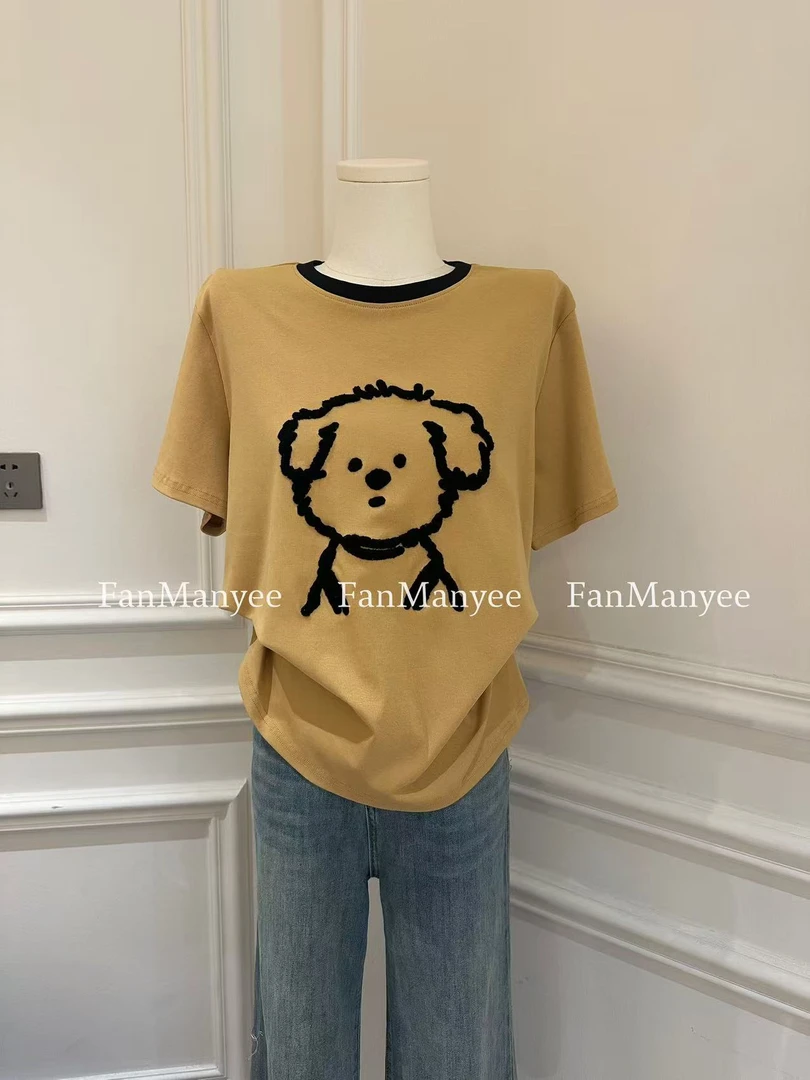 【线条小狗】夏季韩版圆领刺绣小狗休闲简约百搭短袖上衣