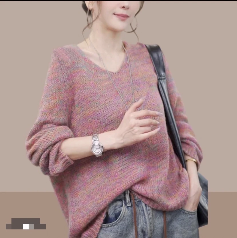 韩系慵懒风彩纱针织毛衣宽松显瘦气质套头上衣