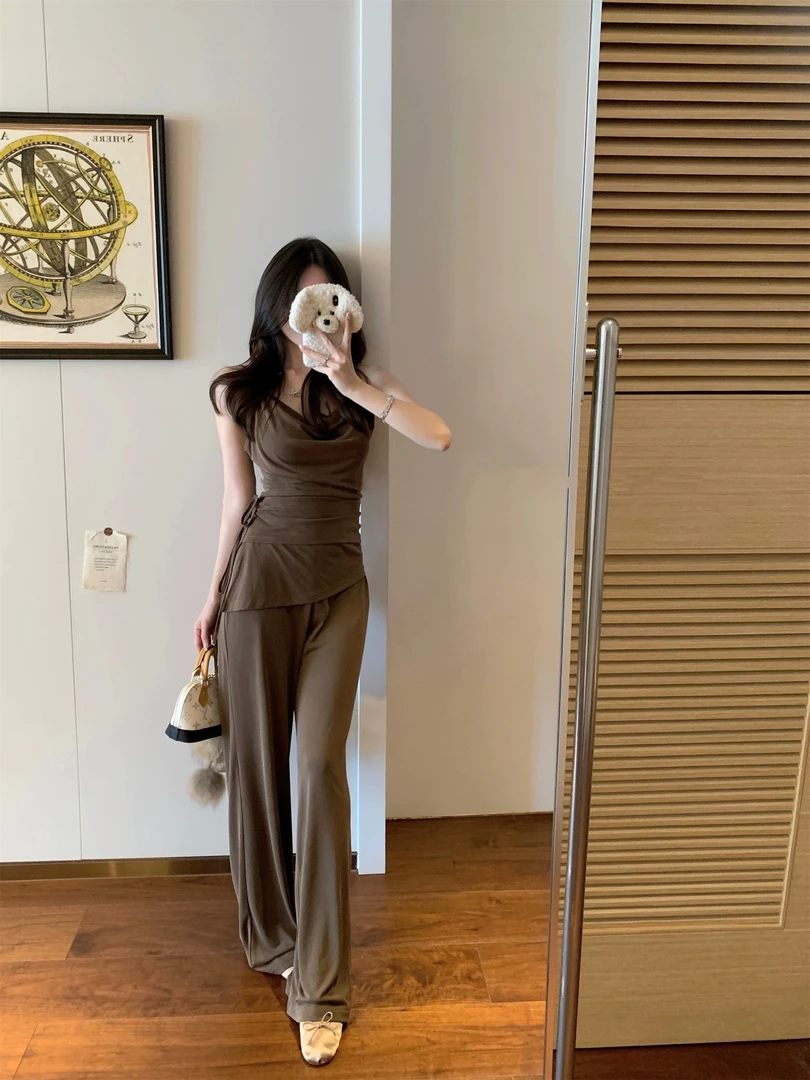 荡领立体打开式围绕绑带吊带+ 针织休闲长裤时尚套装