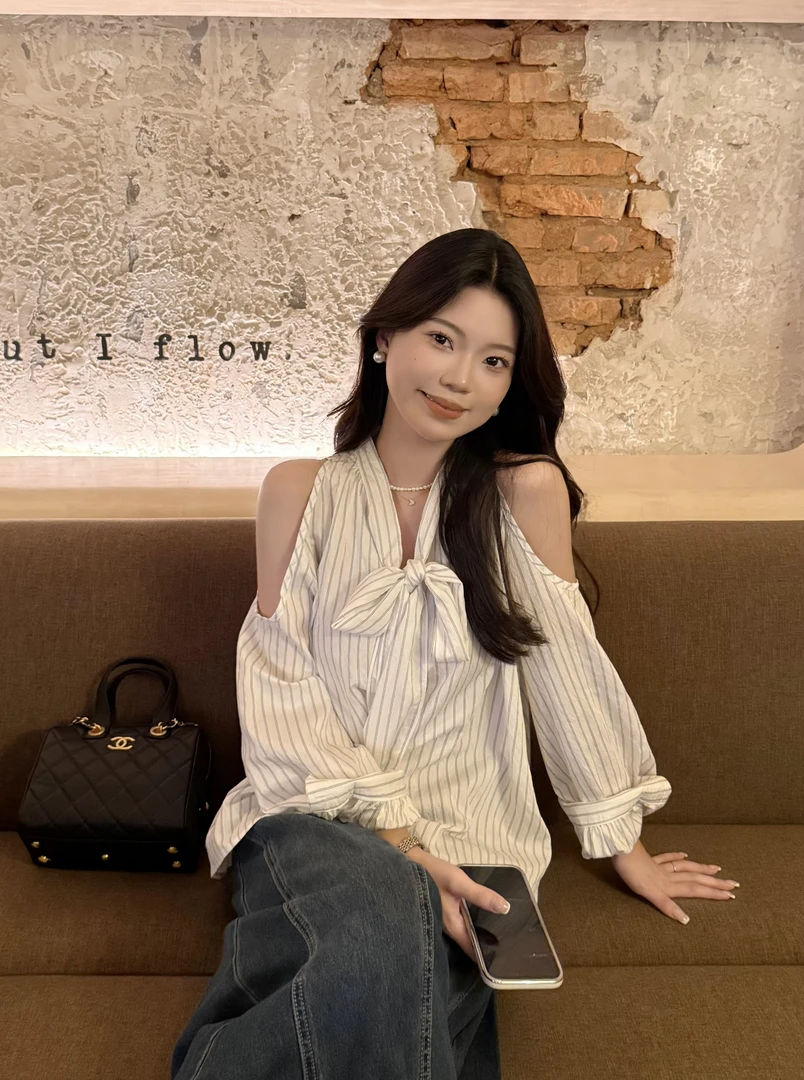 【柔情魅影】韩系条纹露肩衬衫女气质绑带长袖设计感休闲衬衣上衣秋