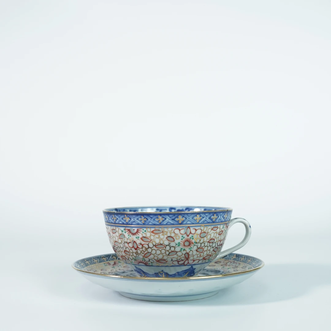 LABCS251227016【十竹斋】清光绪青花加彩玲珑瓷把杯杯碟套