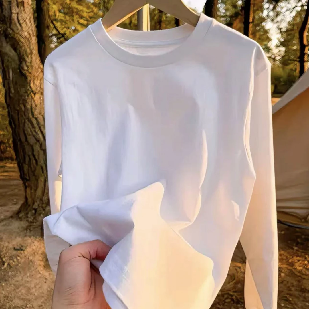 2025长袖春秋纯棉男女休闲透气时尚百搭圆领印花T恤 纯色