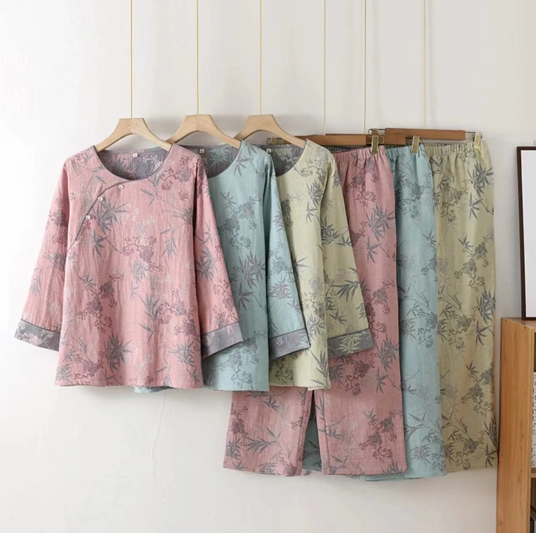 【店铺】A类全棉色织提花双层纱家居服睡衣复古纯棉睡衣