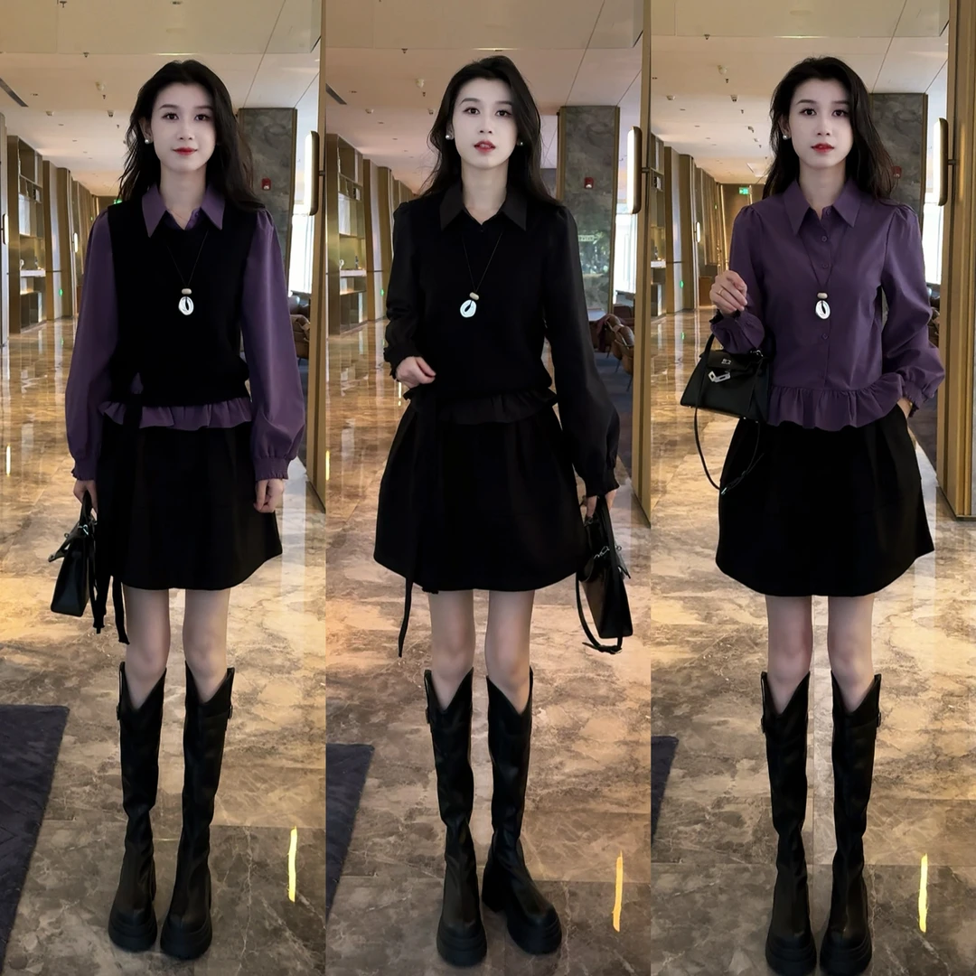 2025新款秋季洋气收腰衬衫百搭马甲高腰半身裙三件套潮
