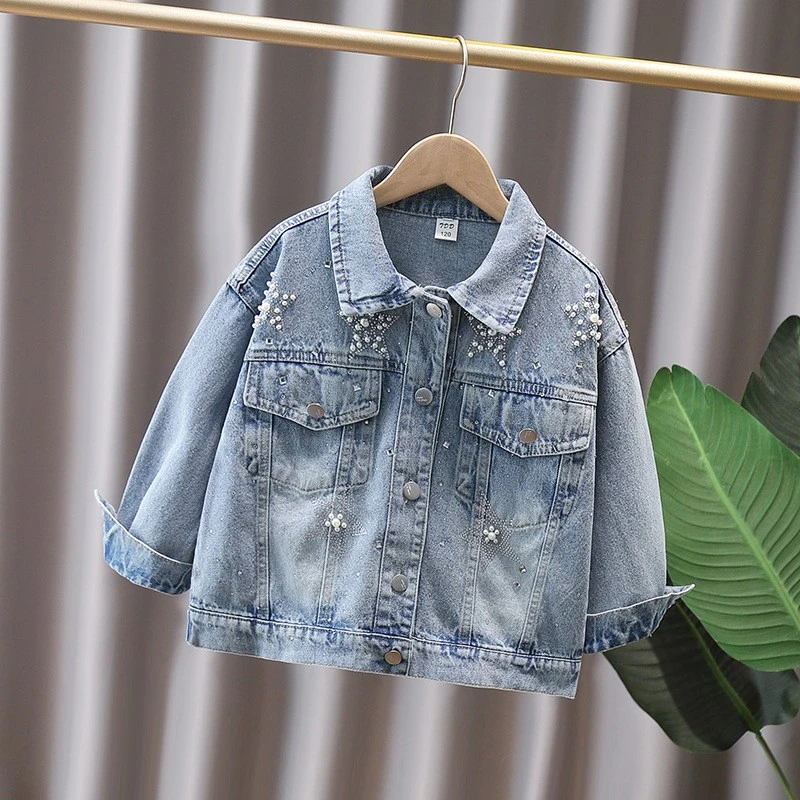 新款儿童洋气牛仔衣女童牛仔外套珍珠宝宝星星女孩春秋夹克上衣