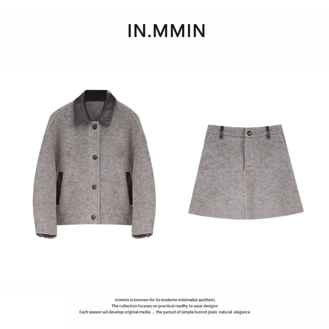 INMMIN03 秋冬设计师款拼皮羊毛大衣短裙两件套