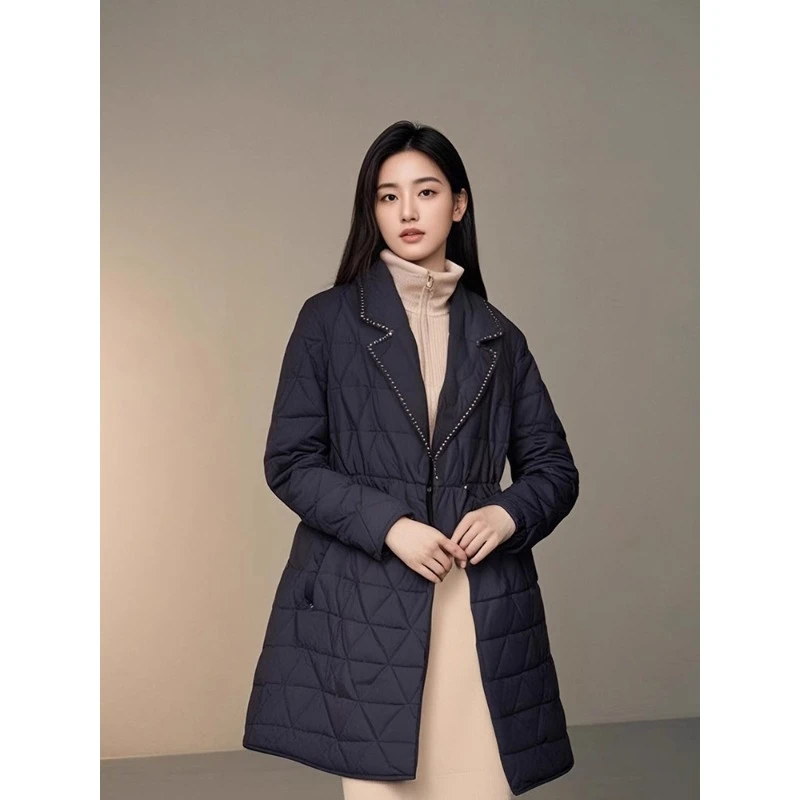 YBN8701冬装流行爆款高端气质设计感黑色菱格外套女中长款棉服