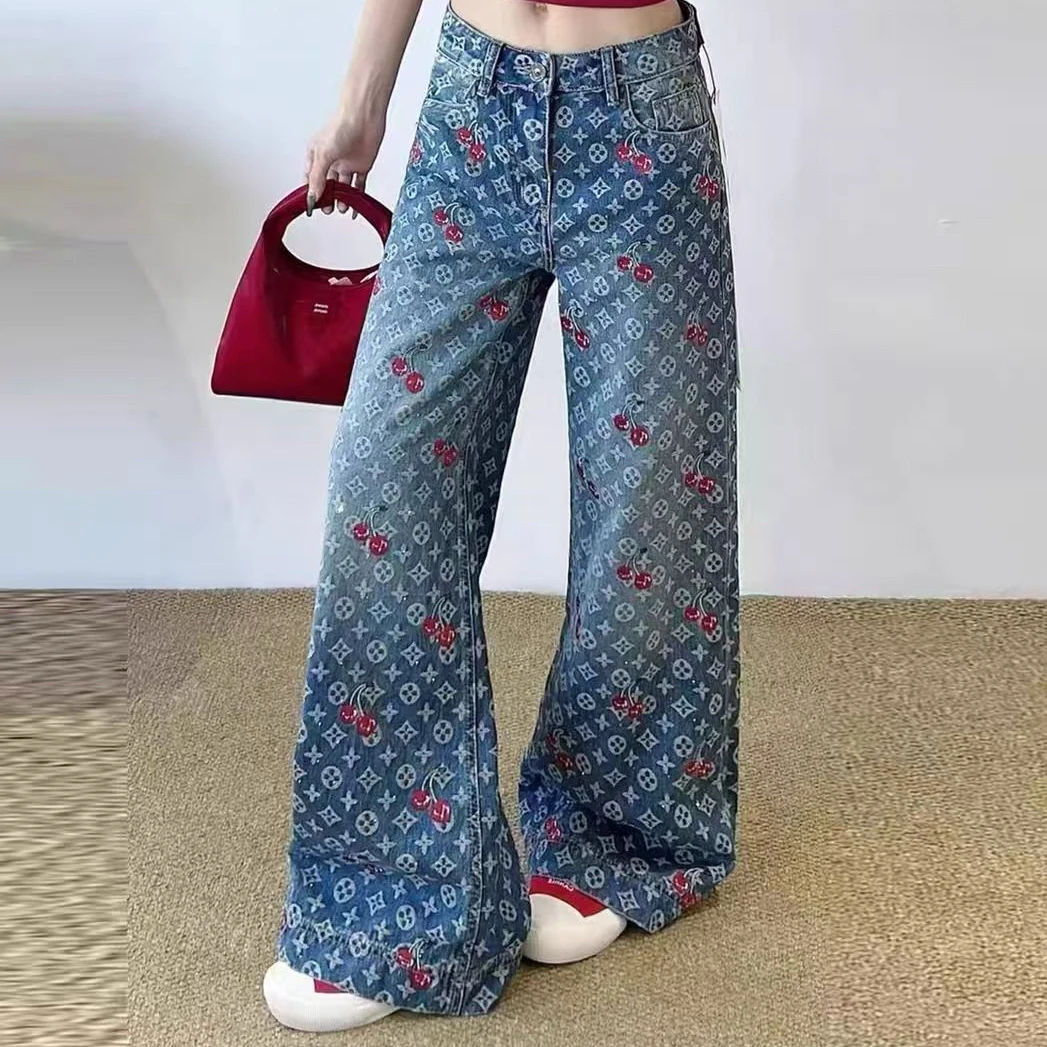 2050提花➕刺绣➕镶钻甜酷少女风‌「提花刺绣小樱桃牛仔裤新款高腰」