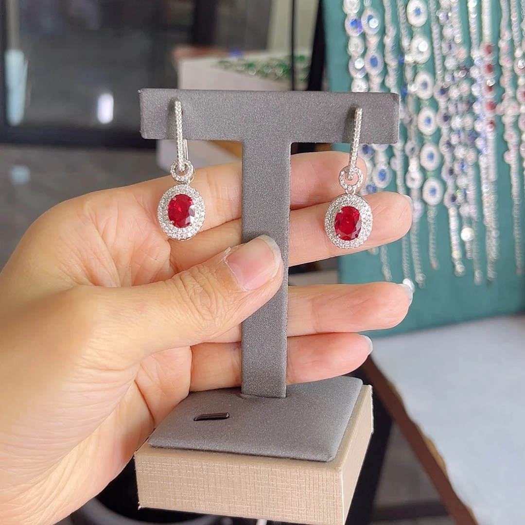 银S925镶嵌耳饰红宝石