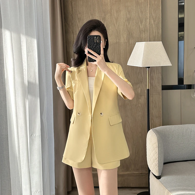 黄色短袖西装外套女夏季薄款2025新款小个子高级感休闲西服两件套