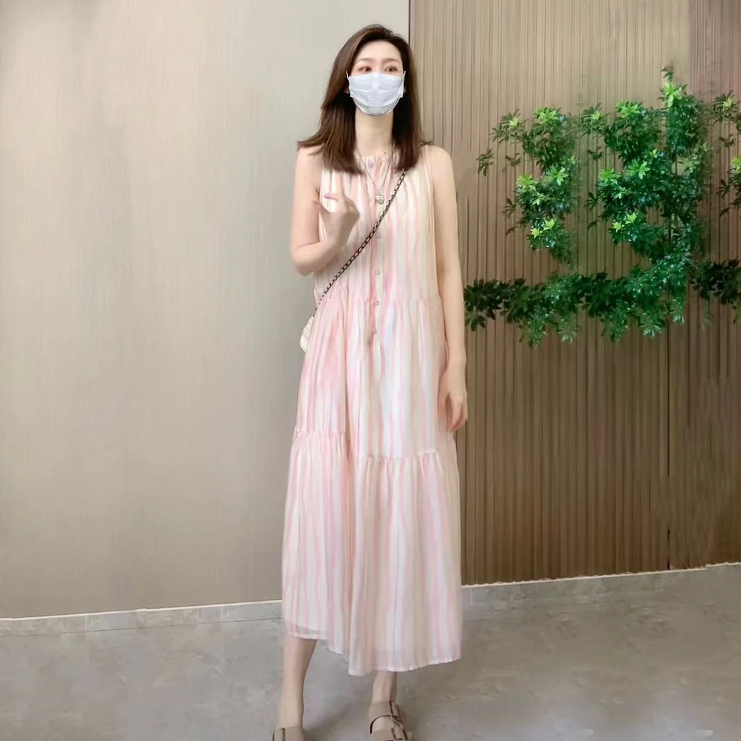 Miss.Z【】粉色条纹温柔风无袖连衣裙#0722