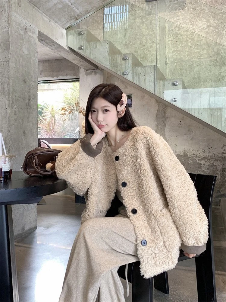 仿羊羔毛长袖外套女2025冬季新款韩系小个子宽松加棉加厚保暖上衣