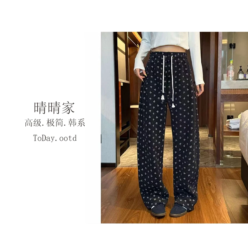 晴晴家-【碎花加绒弯刀裤】韩系秋冬森系加绒碎花两穿休闲裤U515