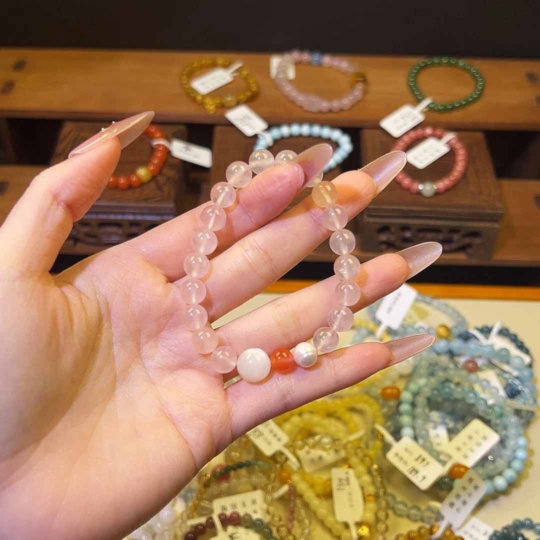 水晶手链银S925镶嵌粉水南红