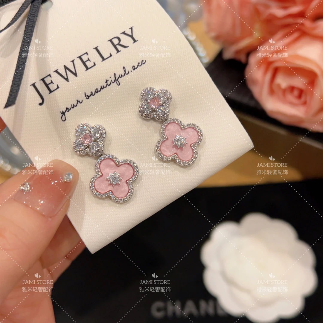 镀K金 Jami 粉色双层四叶花轻奢耳环气质优雅时尚小众