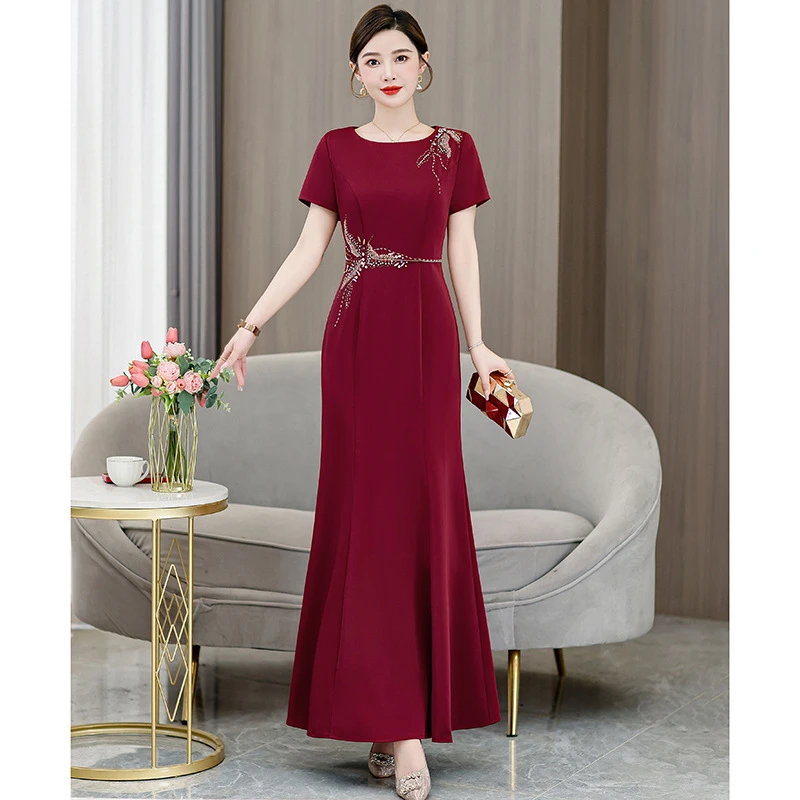 中国风优雅婚宴装礼服夏装服装裙夏季新款妈妈装酒红色洋气衣服女