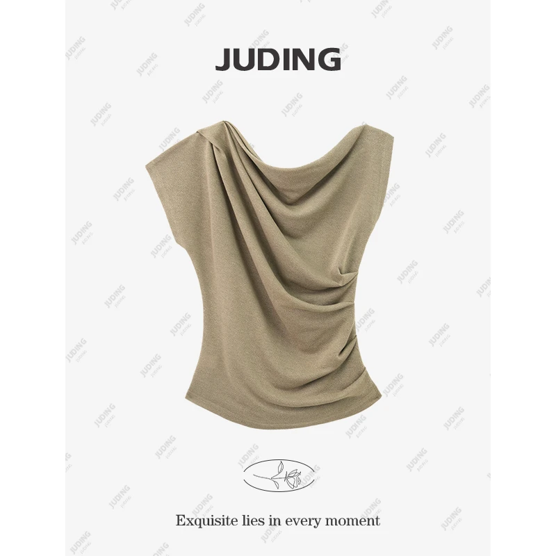 【慵懒周末】新款褶皱一字肩无袖T恤女2025夏季设计感收腰上衣8211
