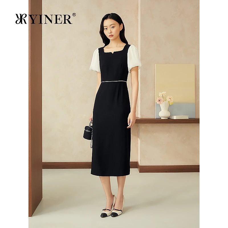 【雅致黑裙】YINER音儿专选2025夏季新款醋酸撞色心型领连衣裙