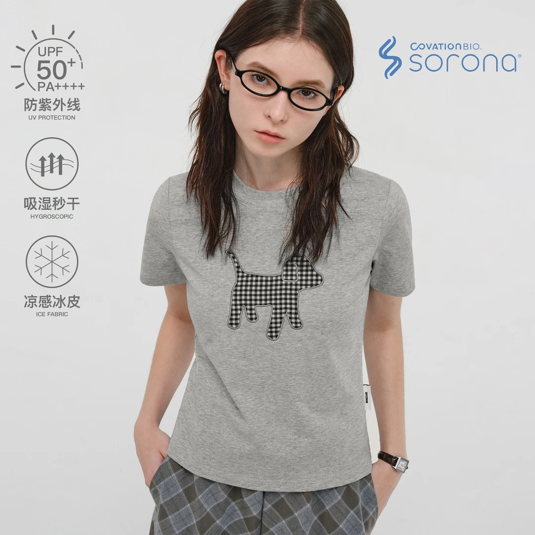 {小跑专属}PCLP格纹小狗贴布绣短袖打底衫宽松T恤上衣