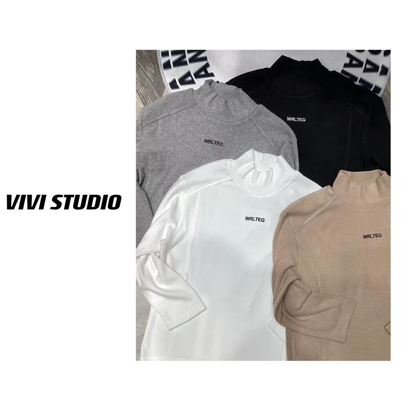 潮牌亲子装 「时尚百搭」2023冬款童装半高领磨毛字母打底衫长袖T恤