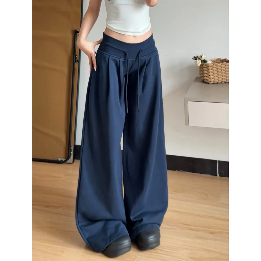 美式复古藏青色抽绳褶皱卫裤女秋2025新款低腰宽松垂感阔腿运动裤