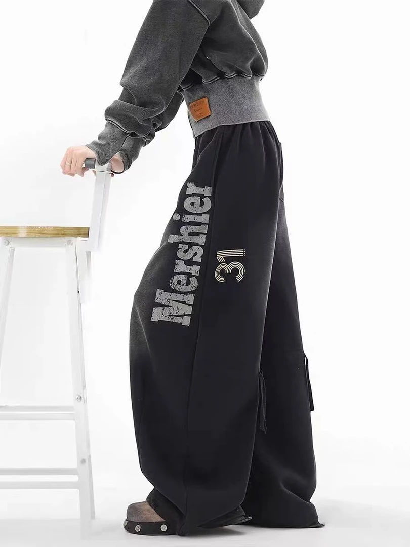 【小欣】美式复古弯刀卫裤女2025秋季新款字母水洗渐变休闲裤
