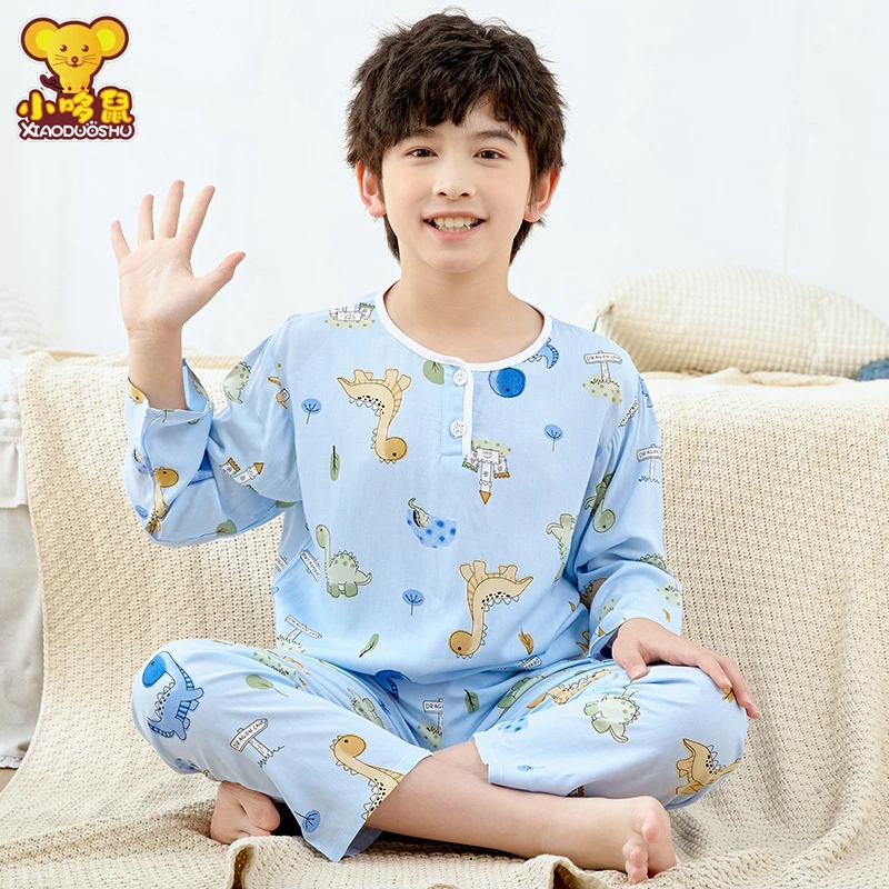 夏季棉绸儿童睡衣套装男童长袖长裤薄款绵绸大童空调服小孩家居服