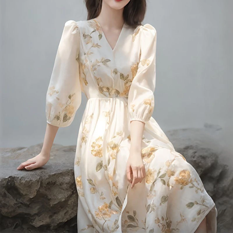 高端精致法式桔梗端庄大气海边度假风雪纺碎花连衣裙女装夏季长裙