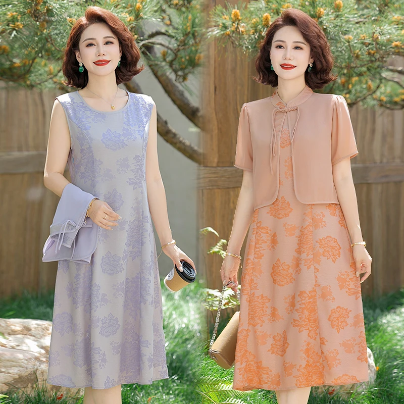母亲节新中式妈妈夏装连衣裙套装2025新款中老年女装夏季洋气裙子