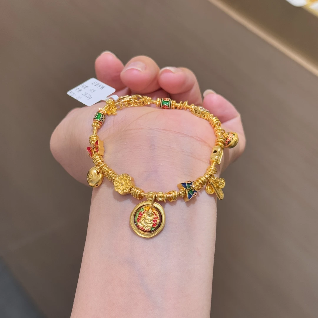 【菠萝珠宝】足金999 珐琅黄财神 平安醒狮手链 金重：28.2克