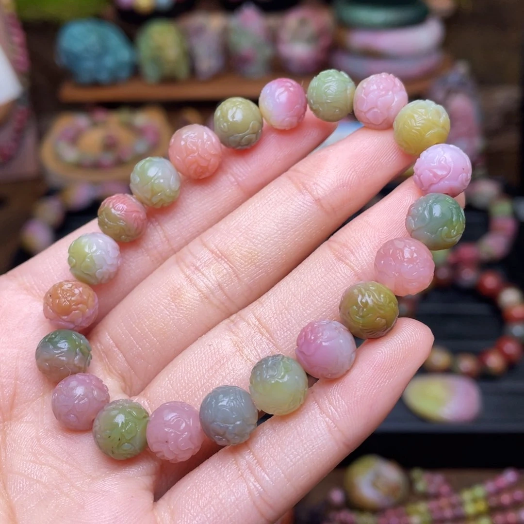 玛瑙/玉髓珠宝半成品未镶嵌盐源玛瑙仙色系炫彩凤穿牡丹手串