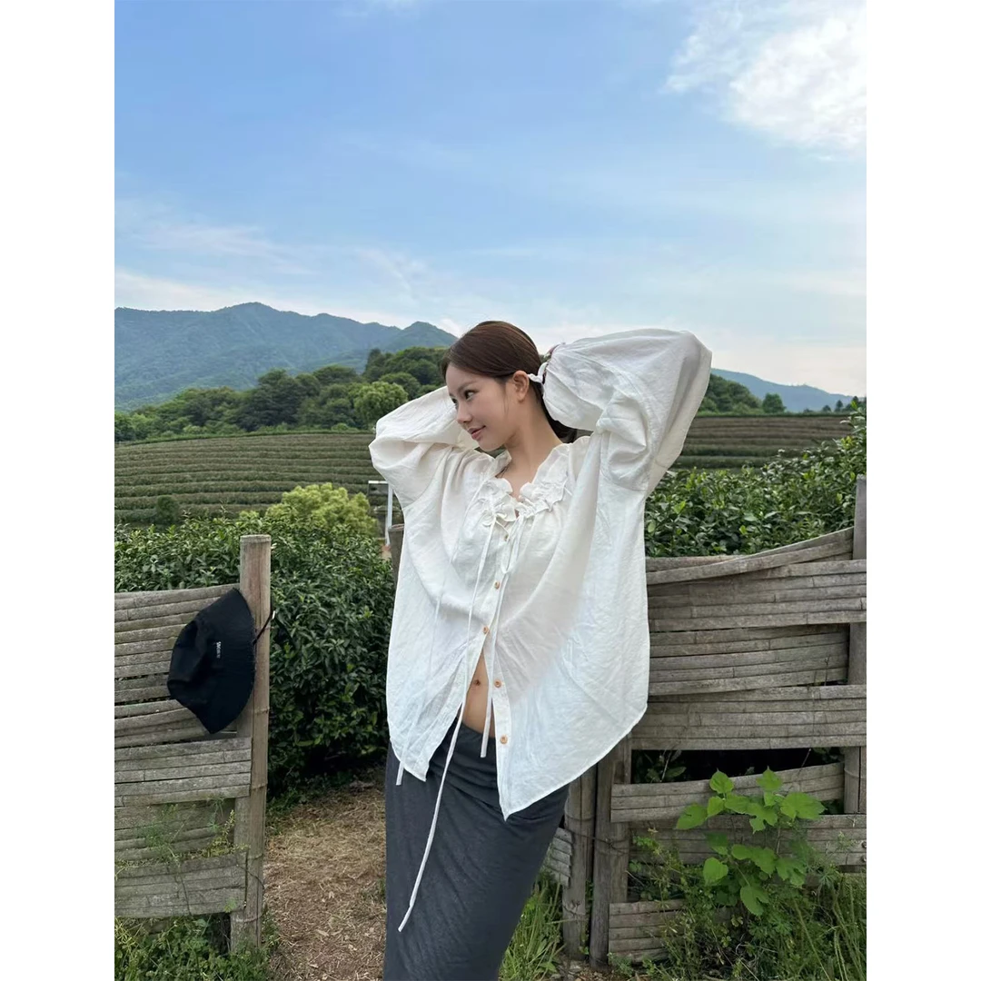 DYANGJUN【4月28号10:00AM 衬衫】法式荷叶花边v领长袖衬衫