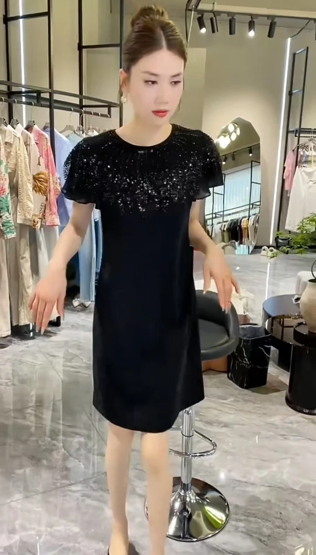 时尚亮片拼接裙子2025夏季新款洋气短袖中长款名媛气质连衣裙a829