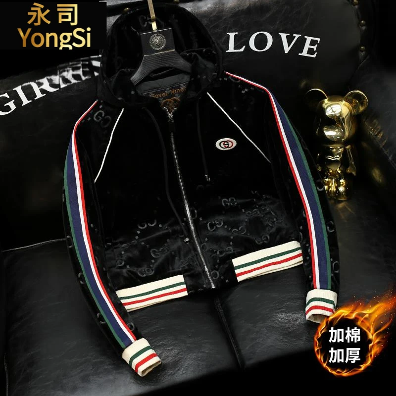 连帽金丝绒夹棉外套男士青年欧洲站休闲男装时尚冬季保暖棉袄短款