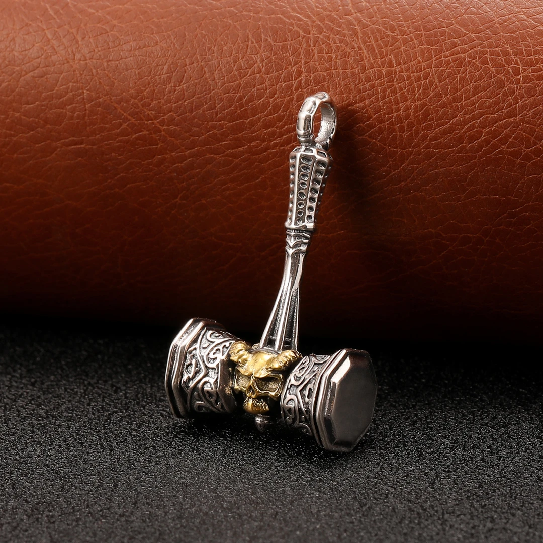 吊坠925银 复古做旧重磅雷神之锤吊坠男女骷髅头花纹个性潮流挂件