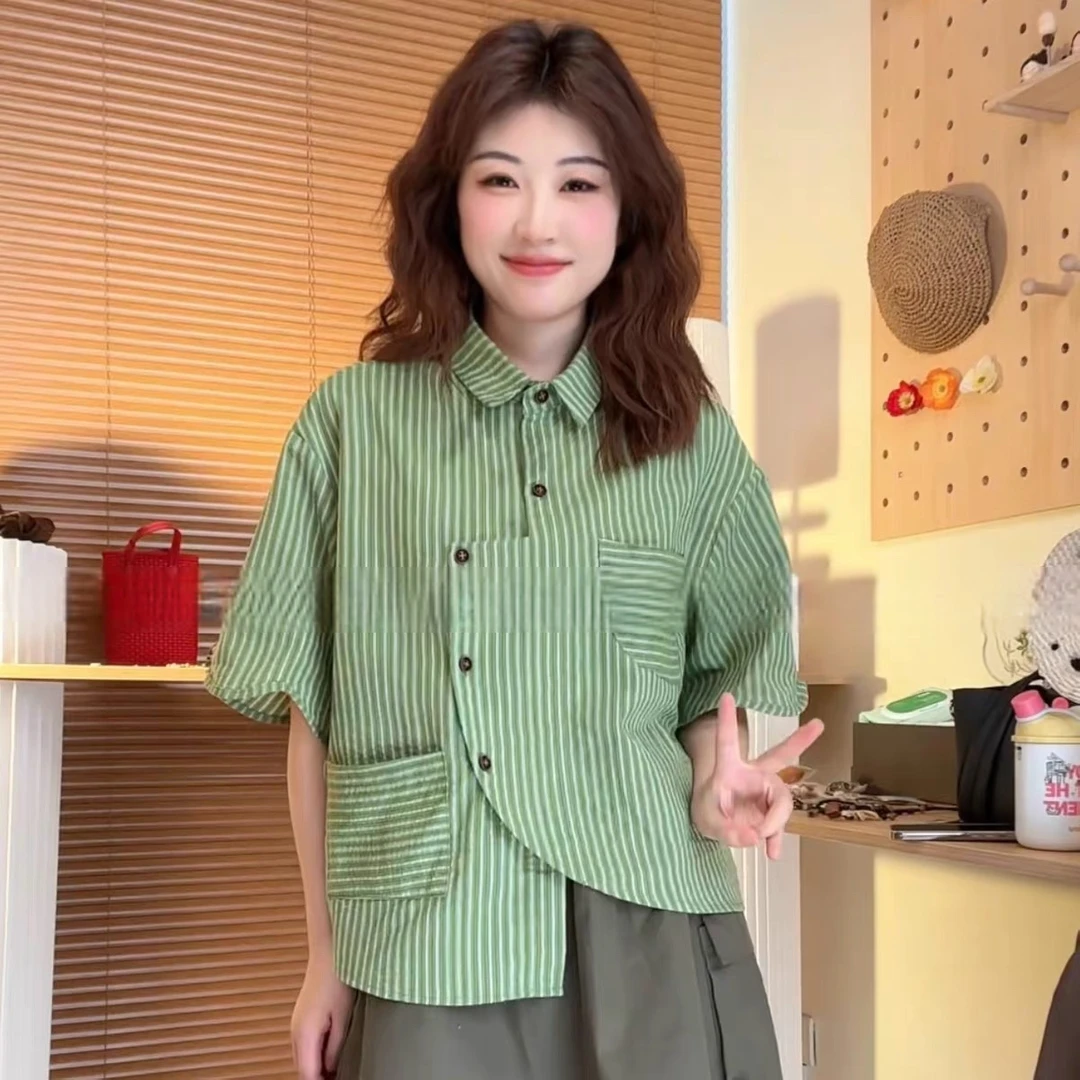 2025款PQ“薄荷拿铁”夏季新品绿色条纹双口袋波浪袖口短袖衬衫