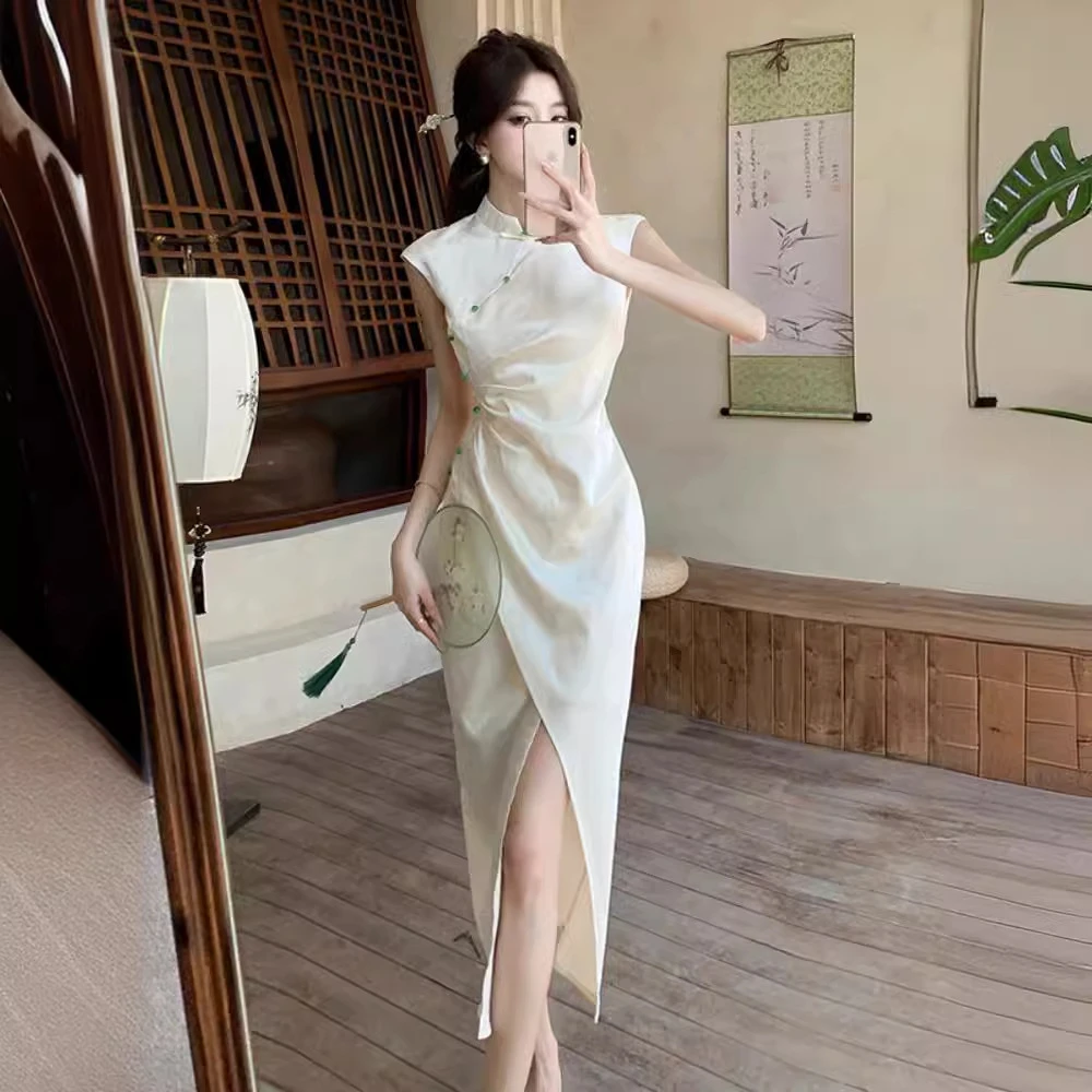 时尚有我~新中式显瘦缎面连衣裙高级感提花无袖开叉改良旗袍长裙