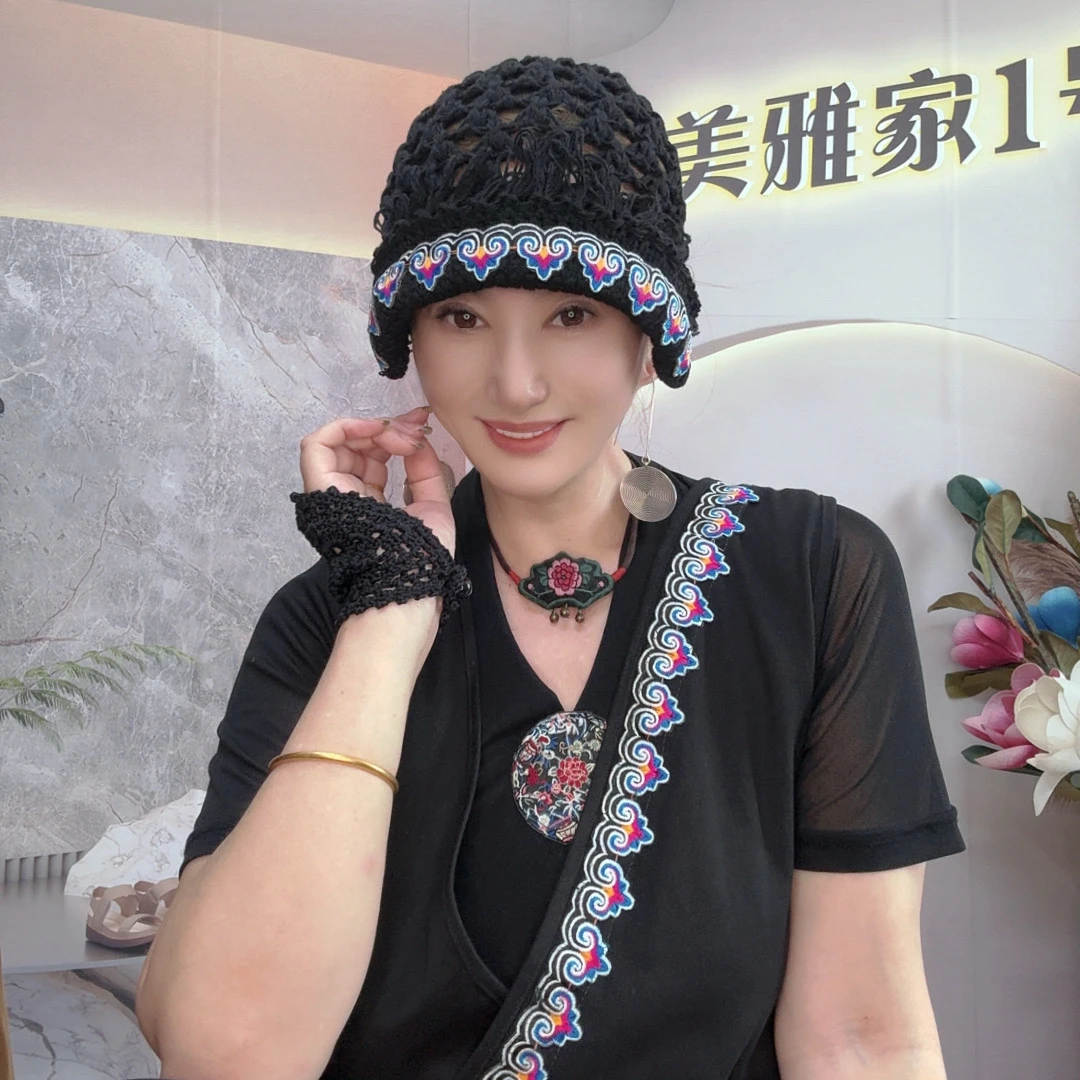 美雅家原创手工麻线祥云刺绣流苏帽多种戴法四季通用帽