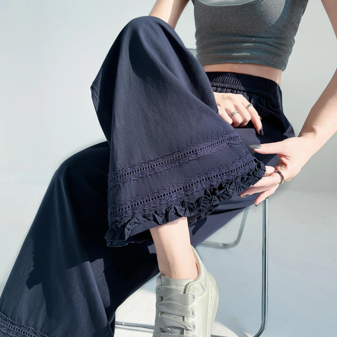 藏青色冰丝阔腿裤女夏季薄款小个子松紧高腰显瘦木耳边九分直筒裤