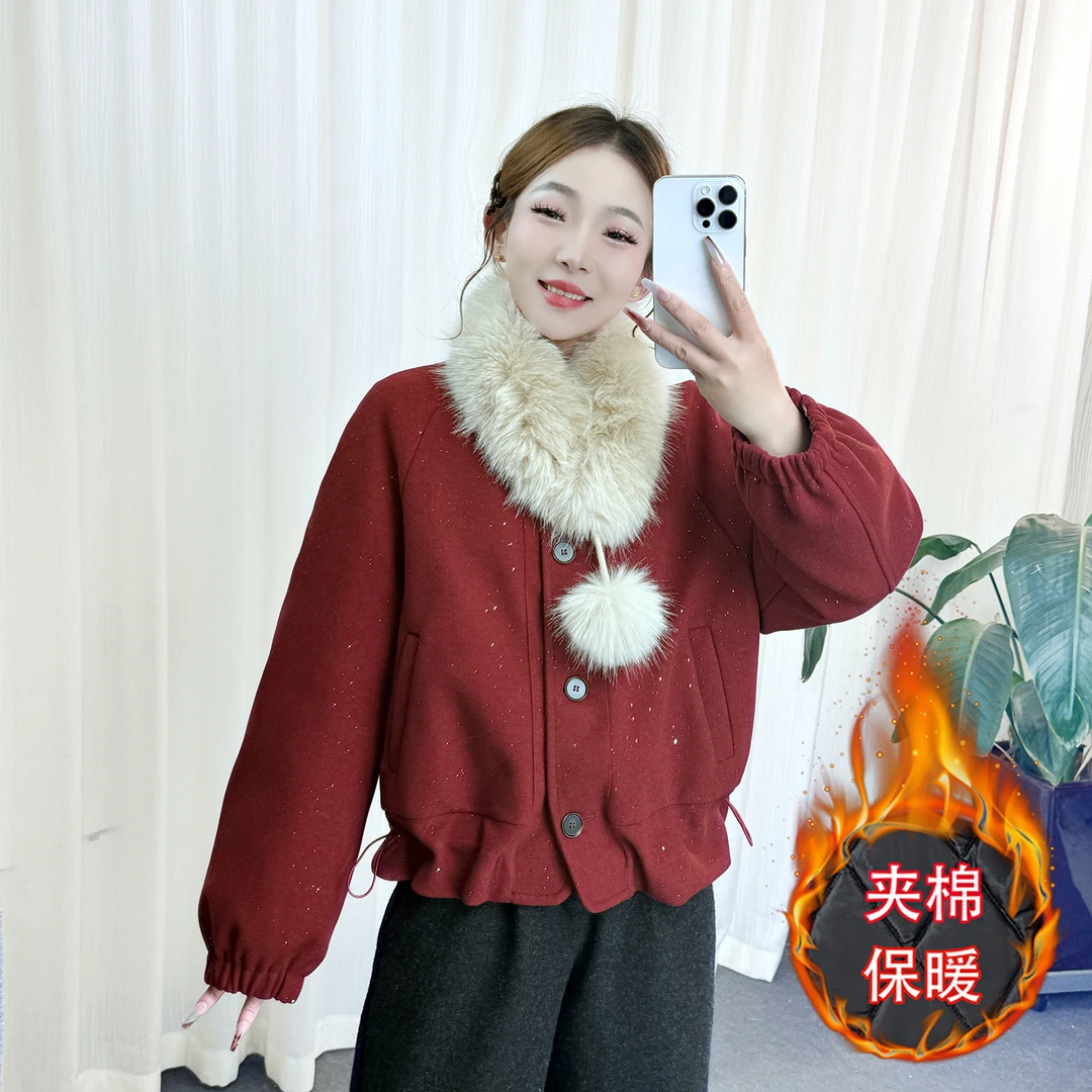 红色毛呢短款外套女冬季新品2025加厚保暖小个子洋气夹克呢子上衣