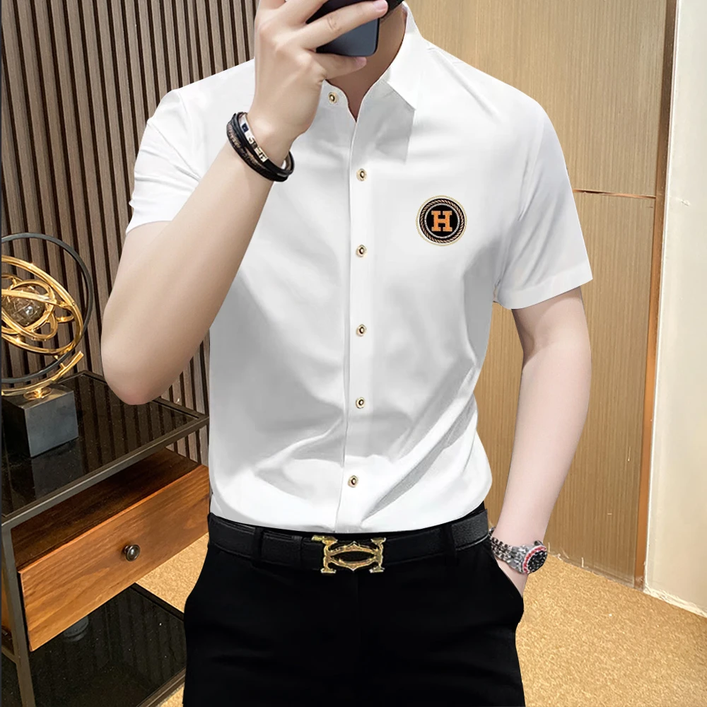 施摩瓦戈潮牌烫钻休闲短袖衬衫男士商务丝滑抗皱冰丝百搭衬衣男