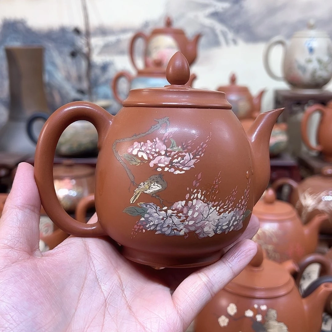 红泥茶壶紫陶手工多道刻填壶